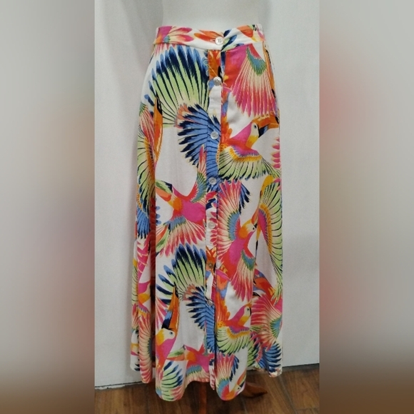 FARM RIO LINEN BLEND TUCAN TROPICAL SKIRT - Picture 4 of 9